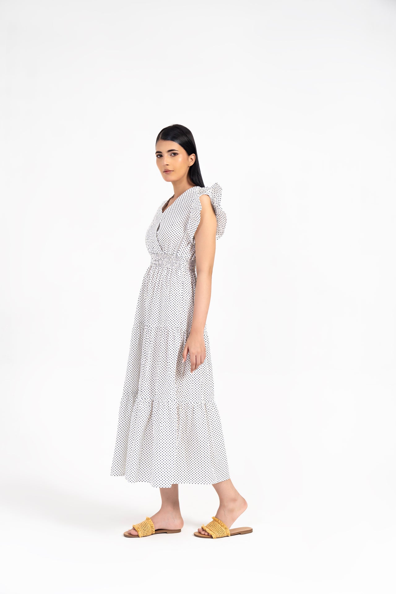 V Neck Butterfly Sleeve Maxi Dress - White with Black Dots