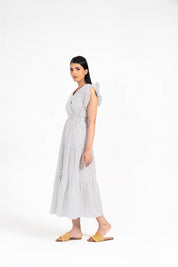 V Neck Butterfly Sleeve Maxi Dress - White with Black Dots