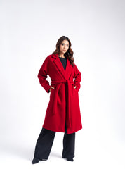 Oversized Belted Wool Coat - Maroon