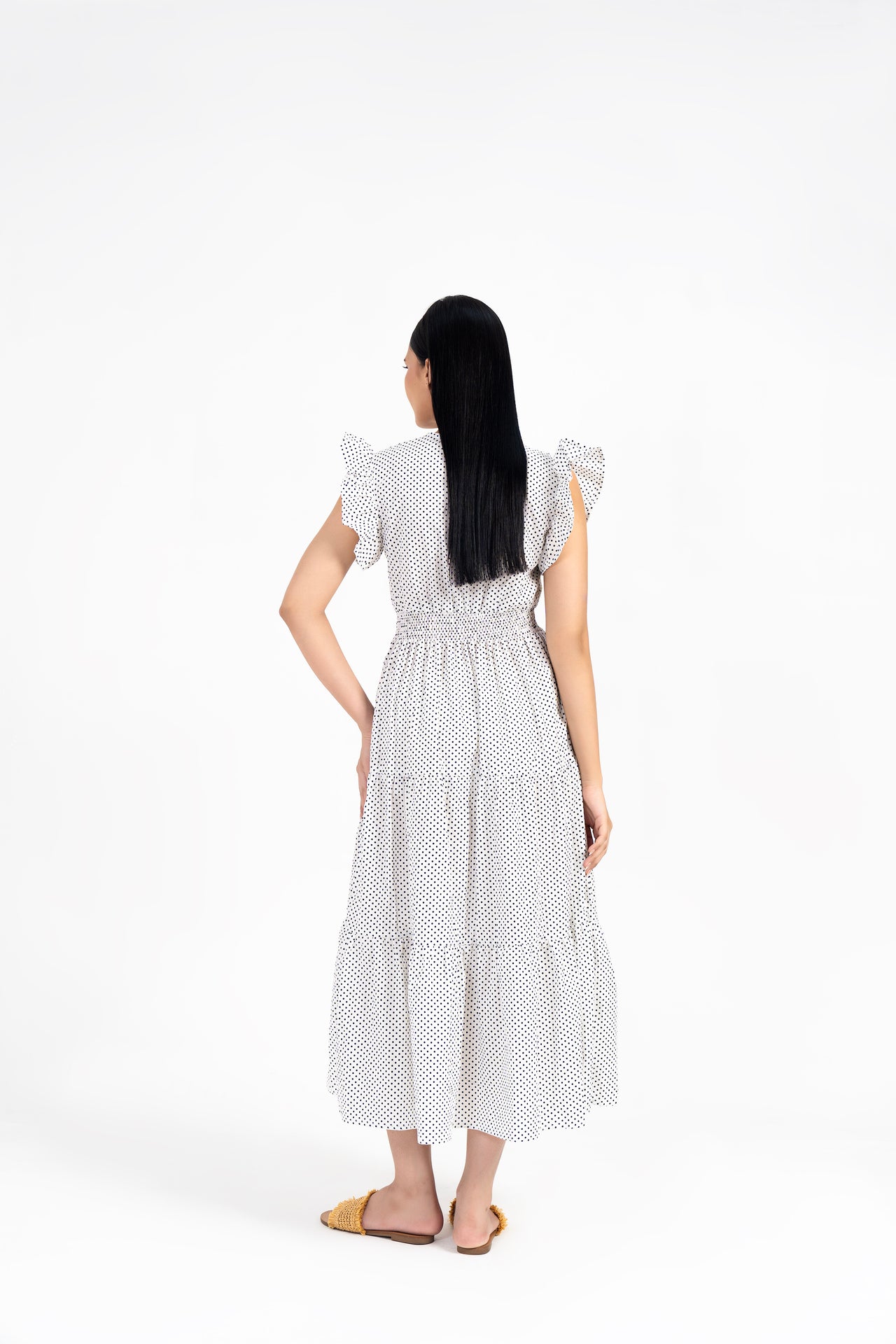 V Neck Butterfly Sleeve Maxi Dress - White with Black Dots