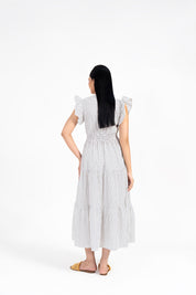 V Neck Butterfly Sleeve Maxi Dress - White with Black Dots