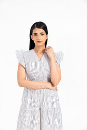 V Neck Butterfly Sleeve Maxi Dress - White with Black Dots