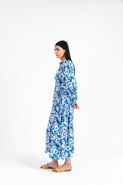Front Button Belted Dress - Blue with White Floral