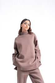 High Neck Fleece Top - Taupe
