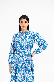 Front Button Belted Dress - Blue with White Floral