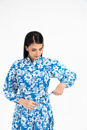 Front Button Belted Dress - Blue with White Floral