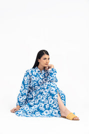Front Button Belted Dress - Blue with White Floral