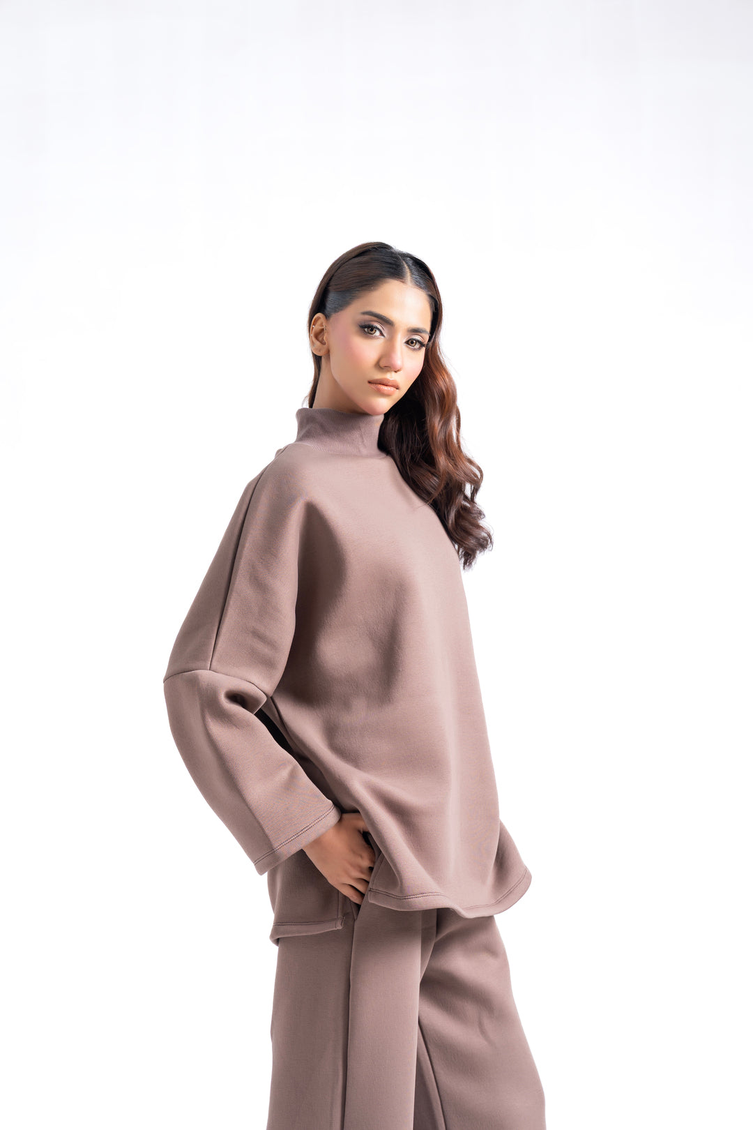High Neck Fleece Top - Taupe