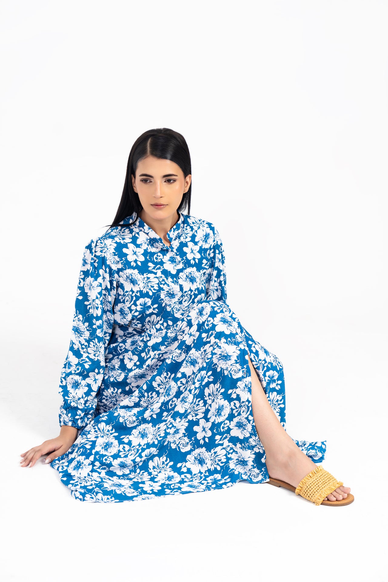 Front Button Belted Dress - Blue with White Floral