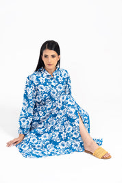 Front Button Belted Dress - Blue with White Floral