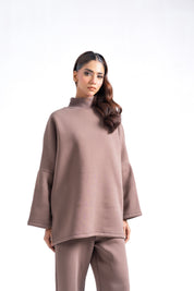 High Neck Fleece Top - Taupe
