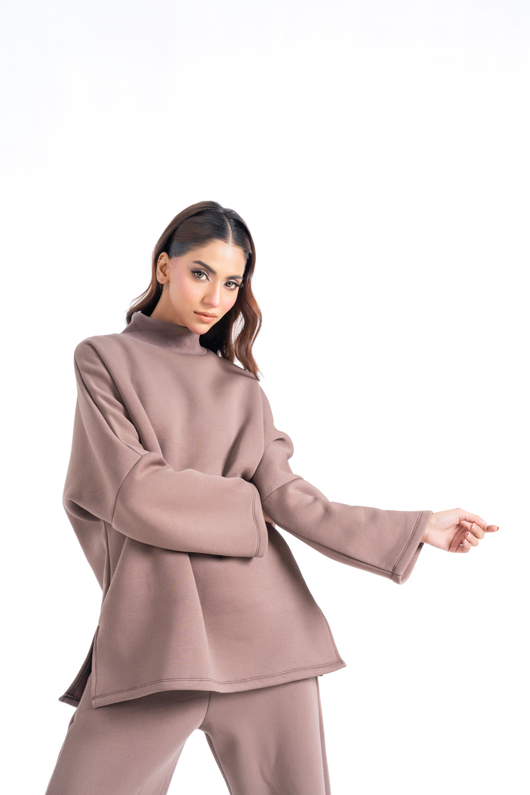 High Neck Fleece Top - Taupe