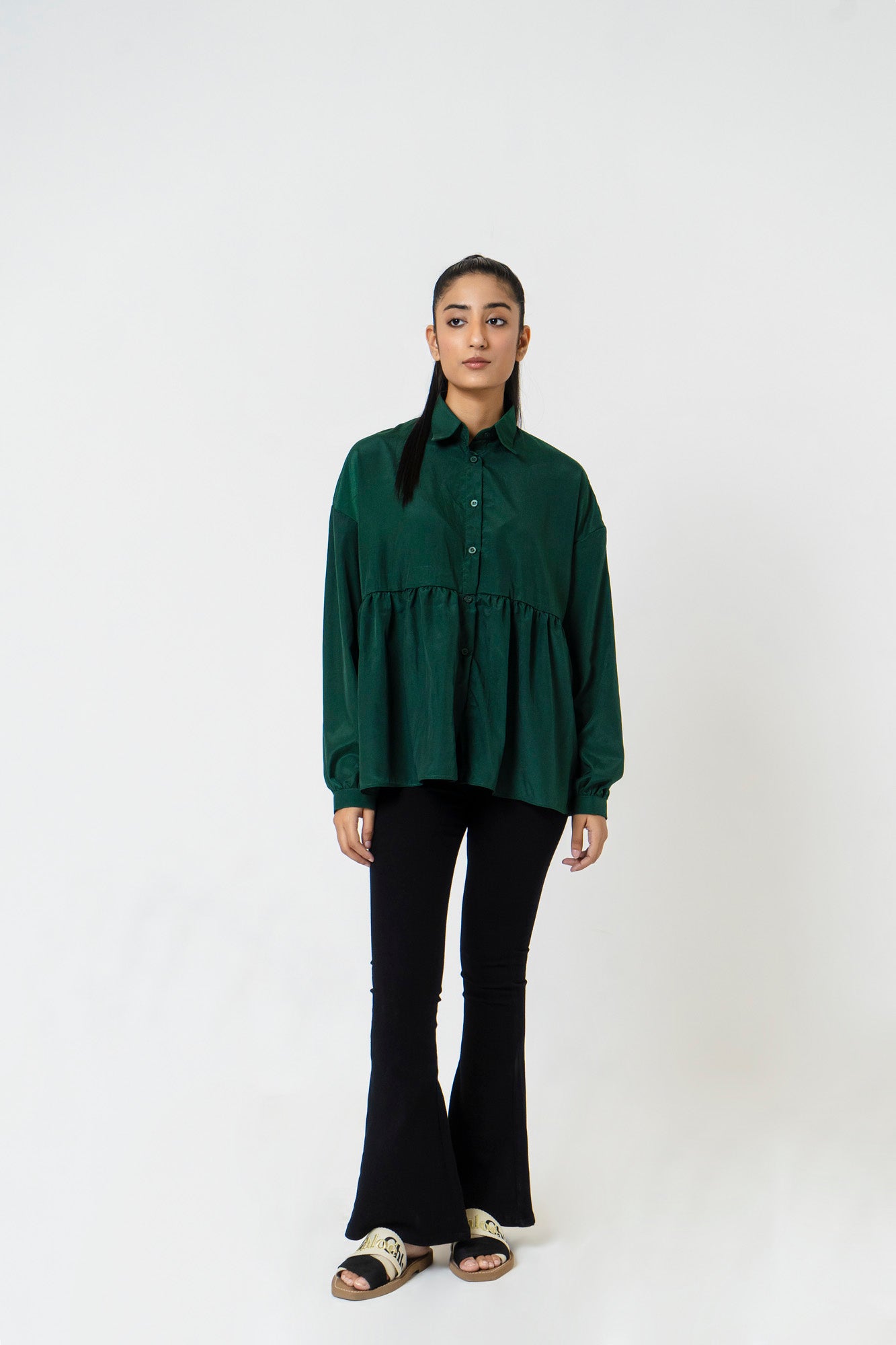 Collared Ruffle Shirt - Bottle Green