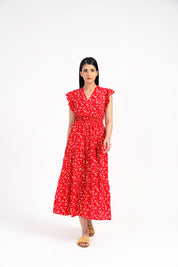 V Neck Butterfly Sleeve Maxi Dress - Red with White Floral