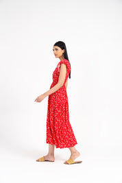 V Neck Butterfly Sleeve Maxi Dress - Red with White Floral