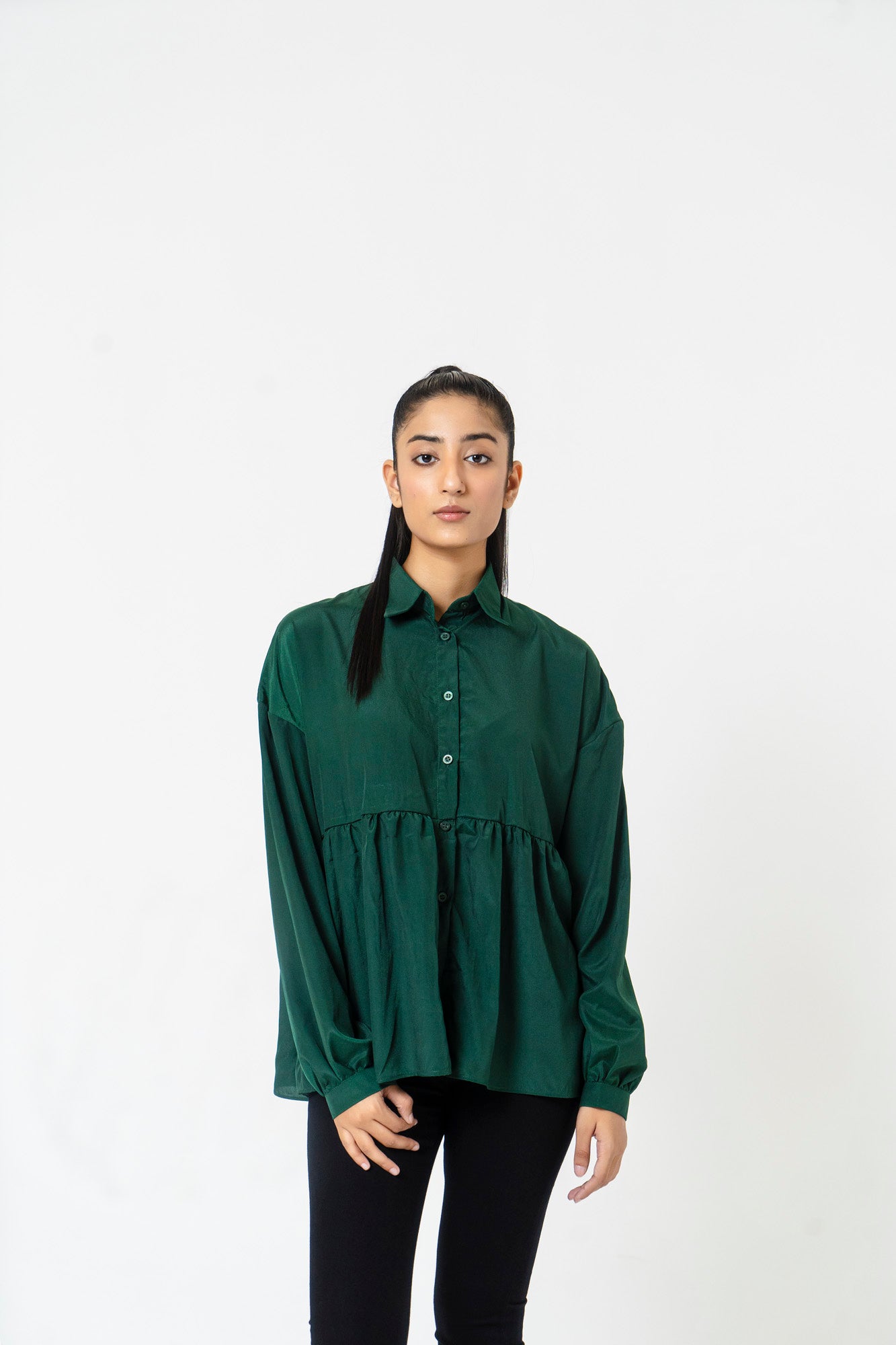 Collared Ruffle Shirt - Bottle Green
