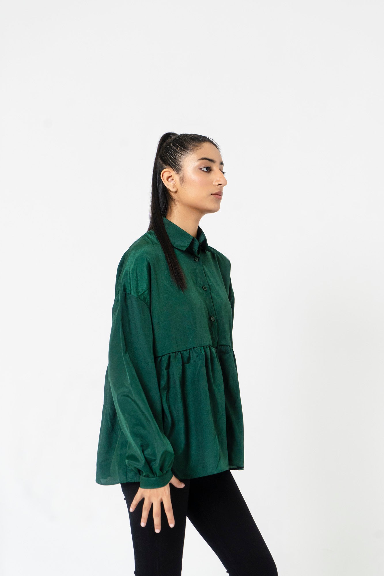 Collared Ruffle Shirt - Bottle Green