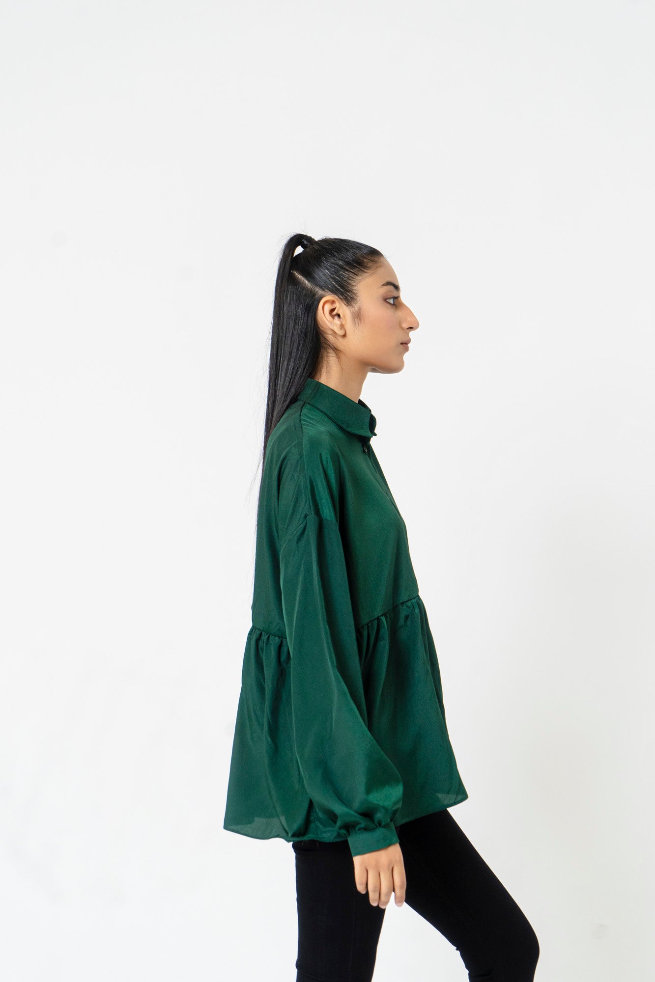 Collared Ruffle Shirt - Bottle Green