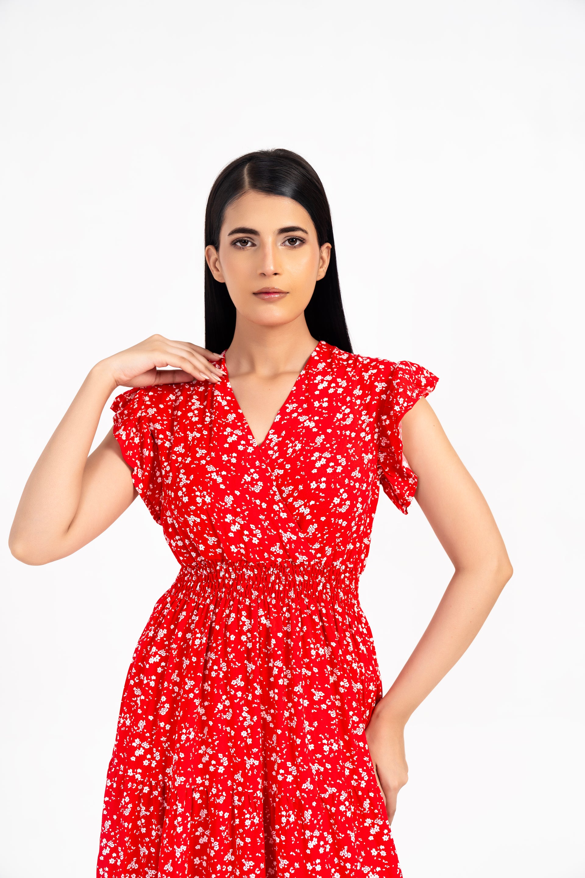 V Neck Butterfly Sleeve Maxi Dress - Red with White Floral