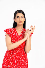 V Neck Butterfly Sleeve Maxi Dress - Red with White Floral