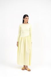 Full Sleeve Knit & Cotton Asymmetrical Dress - Butter Yellow