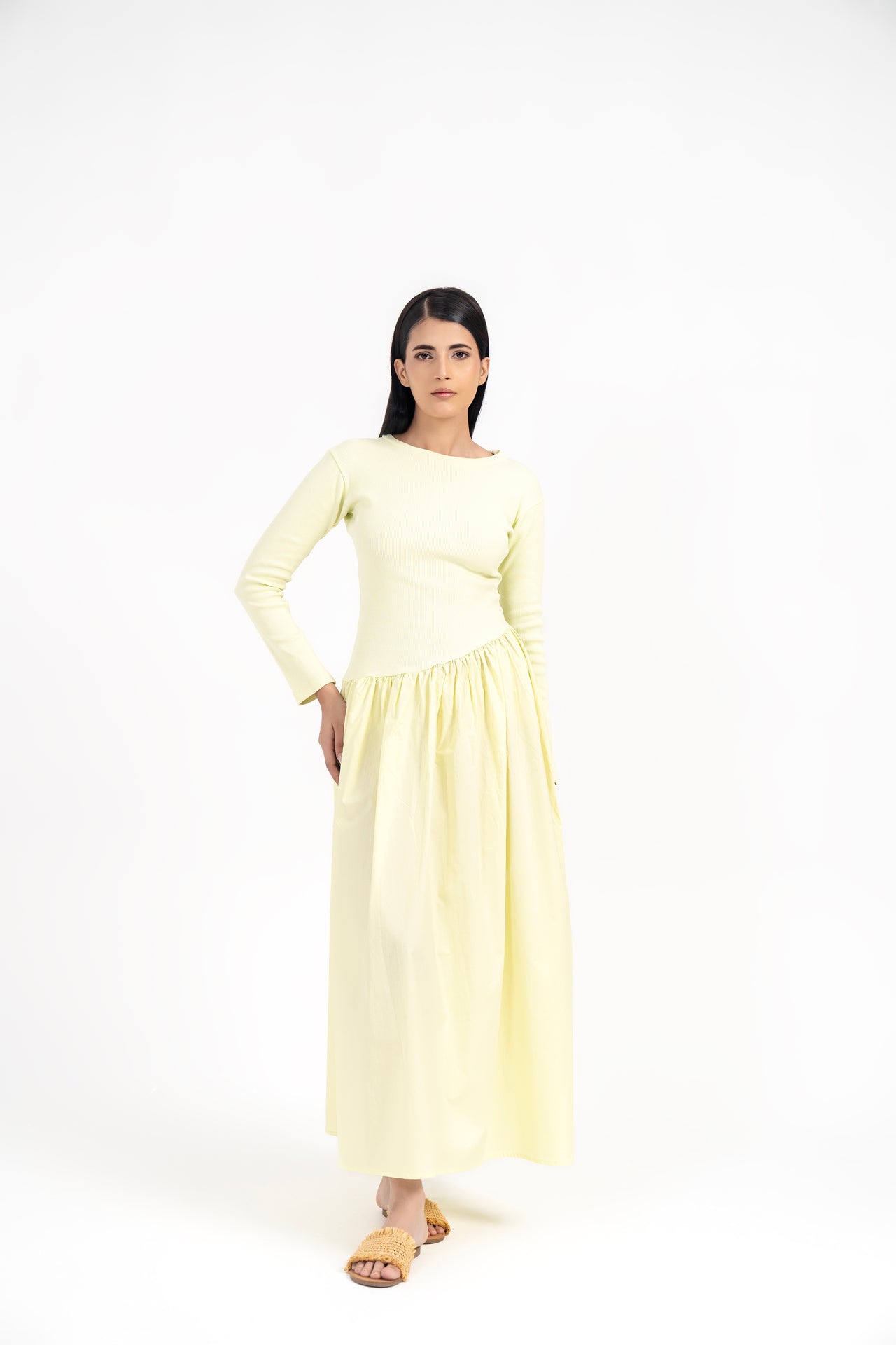 Full Sleeve Knit & Cotton Asymmetrical Dress - Butter Yellow