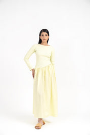 Full Sleeve Knit & Cotton Asymmetrical Dress - Butter Yellow
