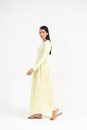 Full Sleeve Knit & Cotton Asymmetrical Dress - Butter Yellow