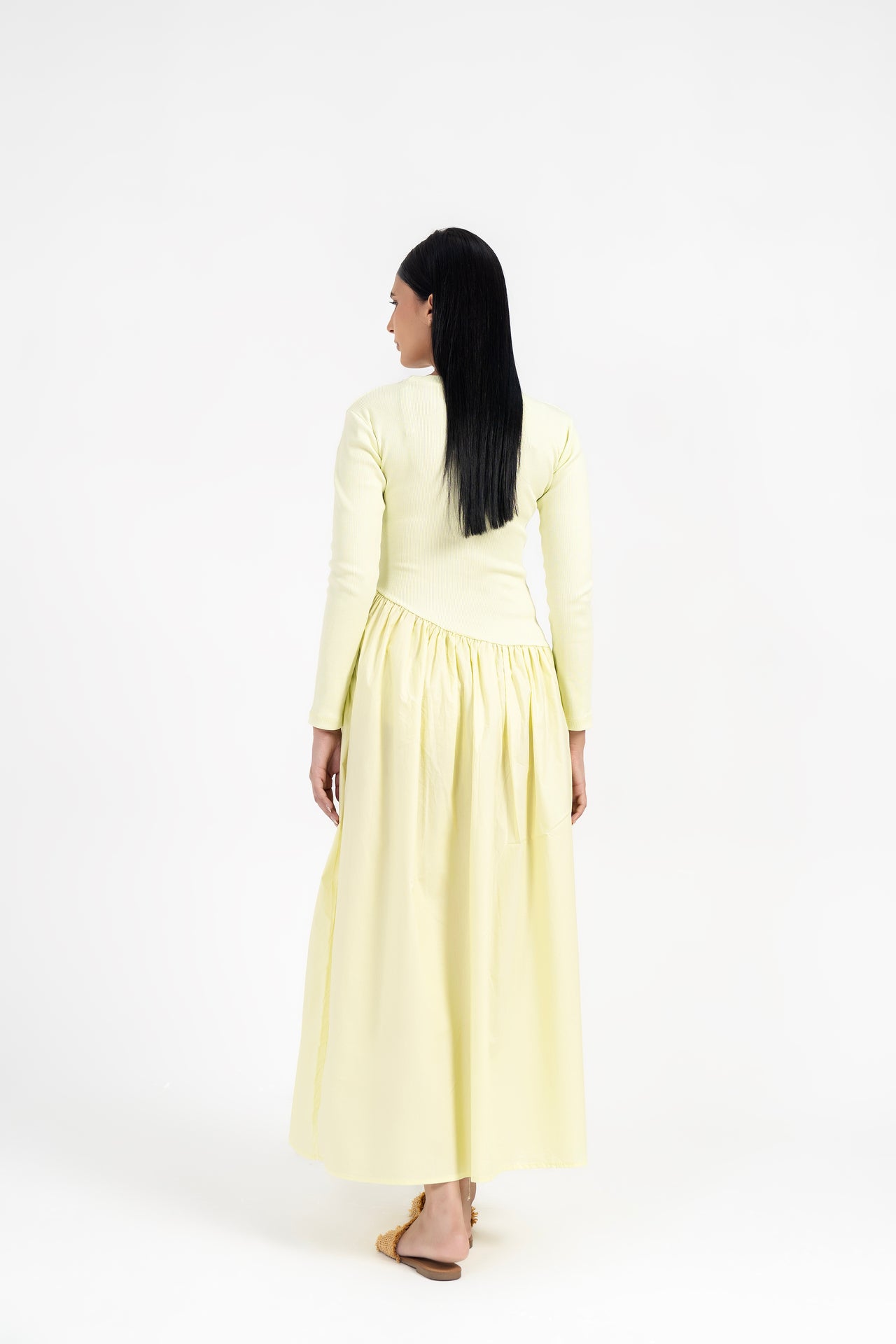 Full Sleeve Knit & Cotton Asymmetrical Dress - Butter Yellow
