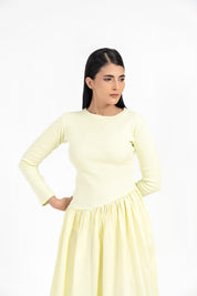Full Sleeve Knit & Cotton Asymmetrical Dress - Butter Yellow
