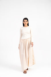 Full Sleeve Knit & Cotton Asymmetrical Dress - Cream