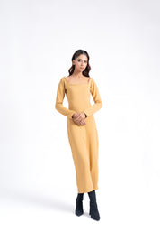 Square Neck knitted Dress - Camel Brown