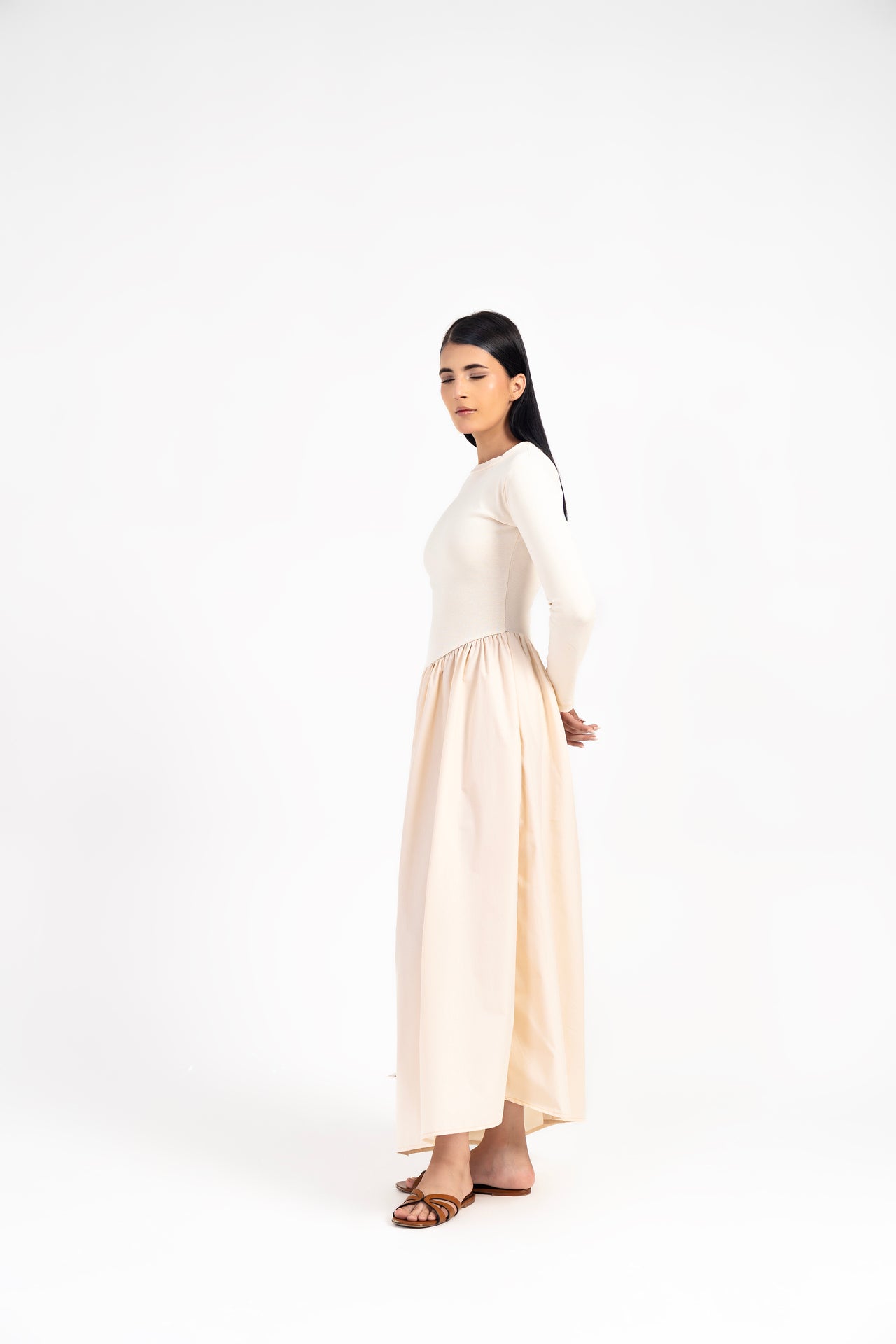 Full Sleeve Knit & Cotton Asymmetrical Dress - Cream