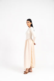 Full Sleeve Knit & Cotton Asymmetrical Dress - Cream