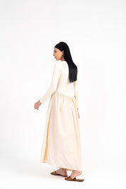 Full Sleeve Knit & Cotton Asymmetrical Dress - Cream