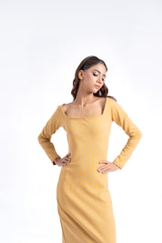 Square Neck knitted Dress - Camel Brown