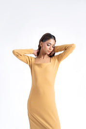 Square Neck knitted Dress - Camel Brown