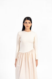 Full Sleeve Knit & Cotton Asymmetrical Dress - Cream