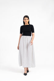 Short Sleeve Knit & Cotton Maxi Dress - White with Black Dots
