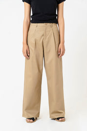 Relaxed Fit Pleated Wide Leg Pant- Camel Brown