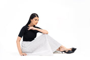 Short Sleeve Knit & Cotton Maxi Dress - White with Black Dots