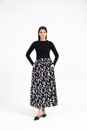 Full Sleeve Knit & Cotton Maxi Dress - White Black Floral