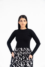 Full Sleeve Knit & Cotton Maxi Dress - White Black Floral