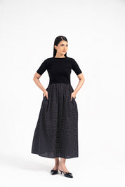 Short Sleeve Knit & Cotton Maxi Dress - Black with White Dots