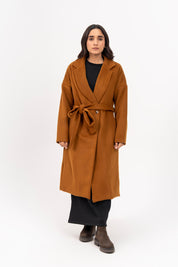 Oversized Belted Wool Coat - Mustard Brown