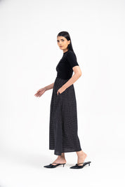 Short Sleeve Knit & Cotton Maxi Dress - Black with White Dots