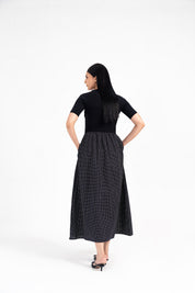 Short Sleeve Knit & Cotton Maxi Dress - Black with White Dots