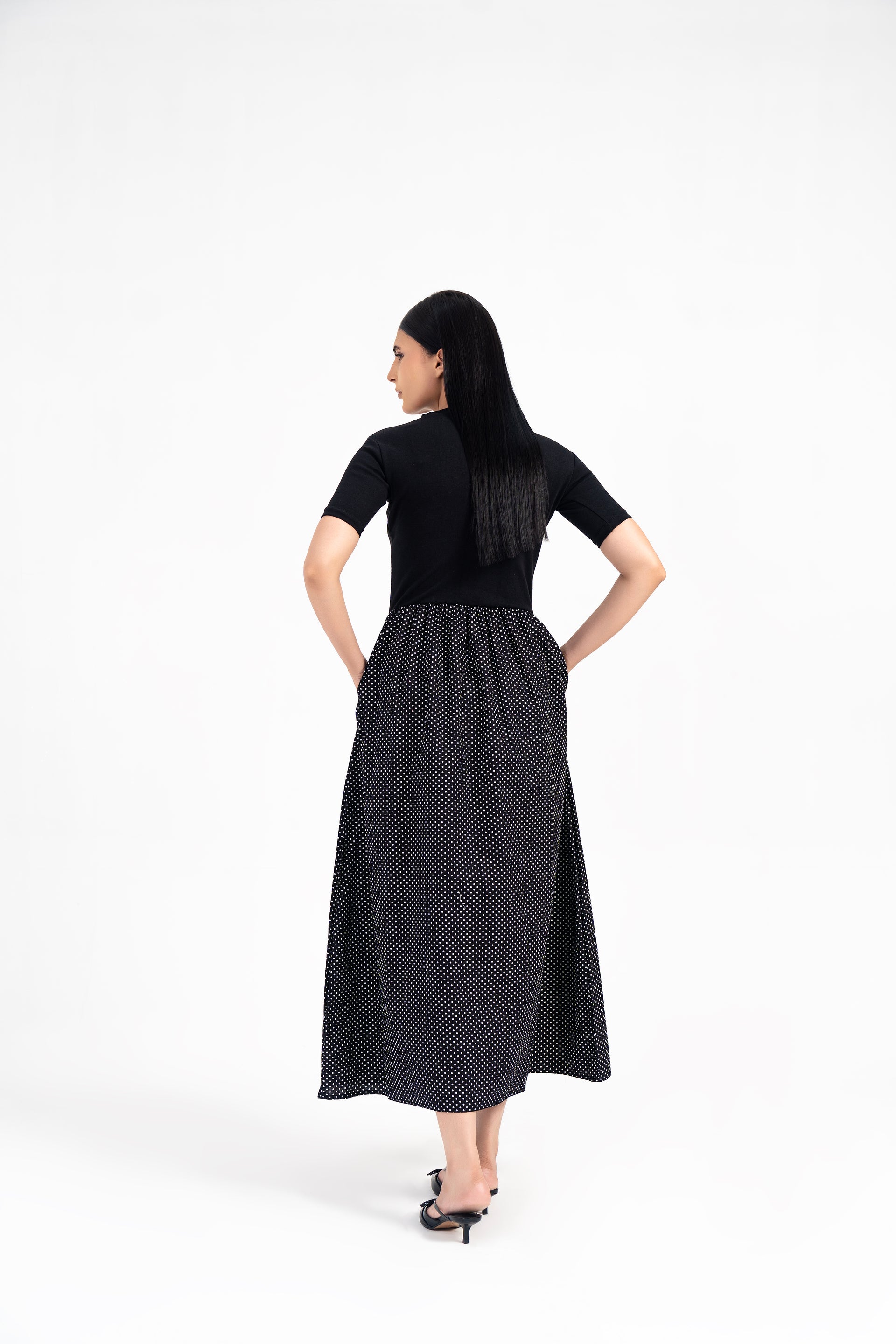 Short Sleeve Knit & Cotton Maxi Dress - Black with White Dots
