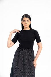Short Sleeve Knit & Cotton Maxi Dress - Black with White Dots