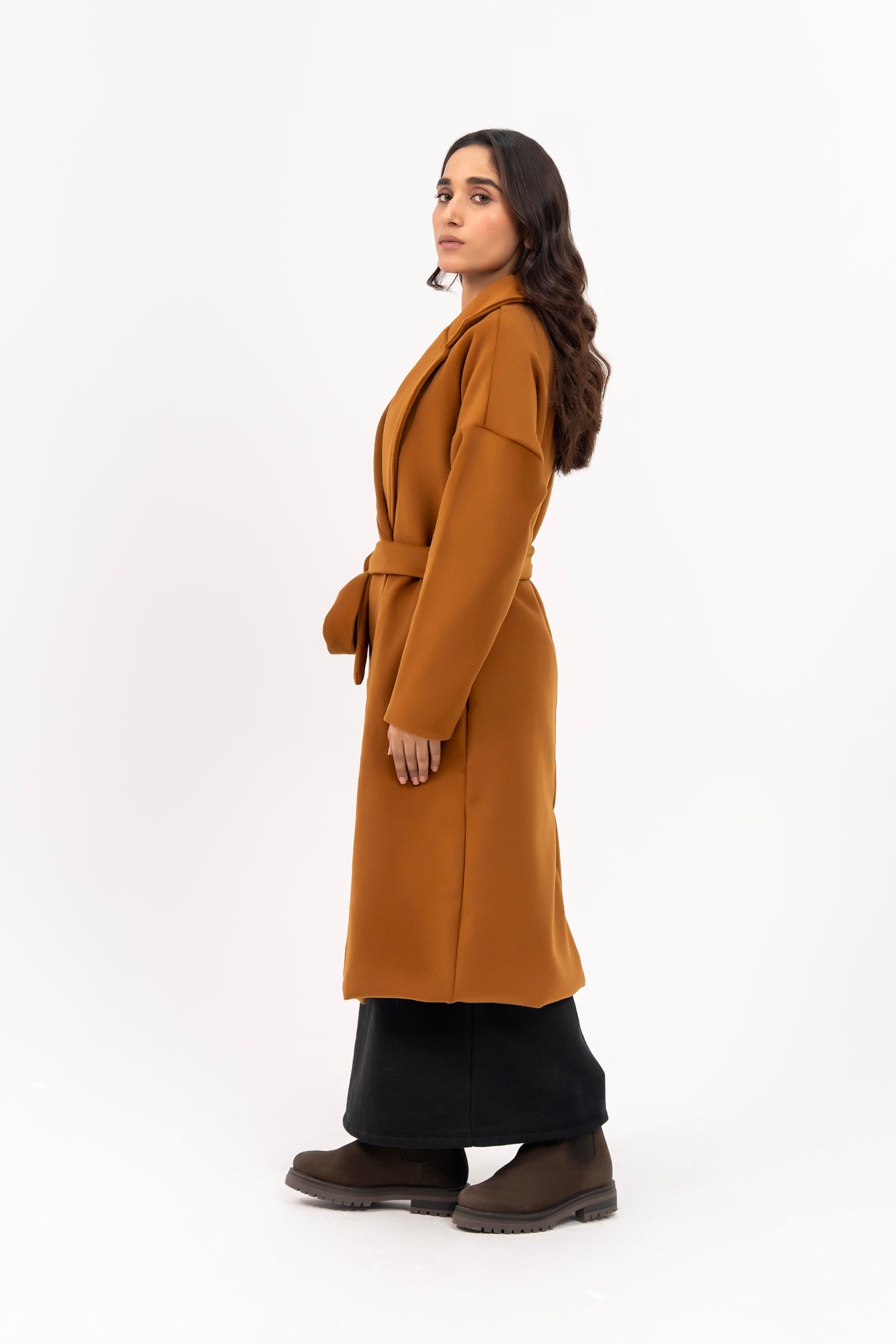 Oversized Belted Wool Coat - Mustard Brown